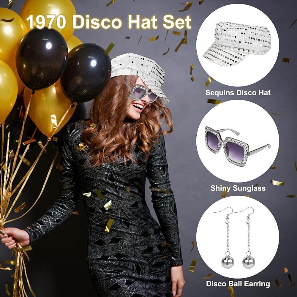 4PCS Disco Costume Accessories Set Sequin Hat Earrings Sunglasses Necklace for W - Picture 3 of 8